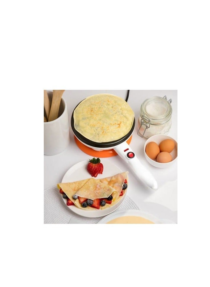 An electric device for making crepes or pancakes. It features a simple and lightweight design with a non-stick cooking surface that allows for easy and quick preparation of crepes. It is used by heating the surface and placing the mixture on it to make even and fluffy crepes. - Image 5
